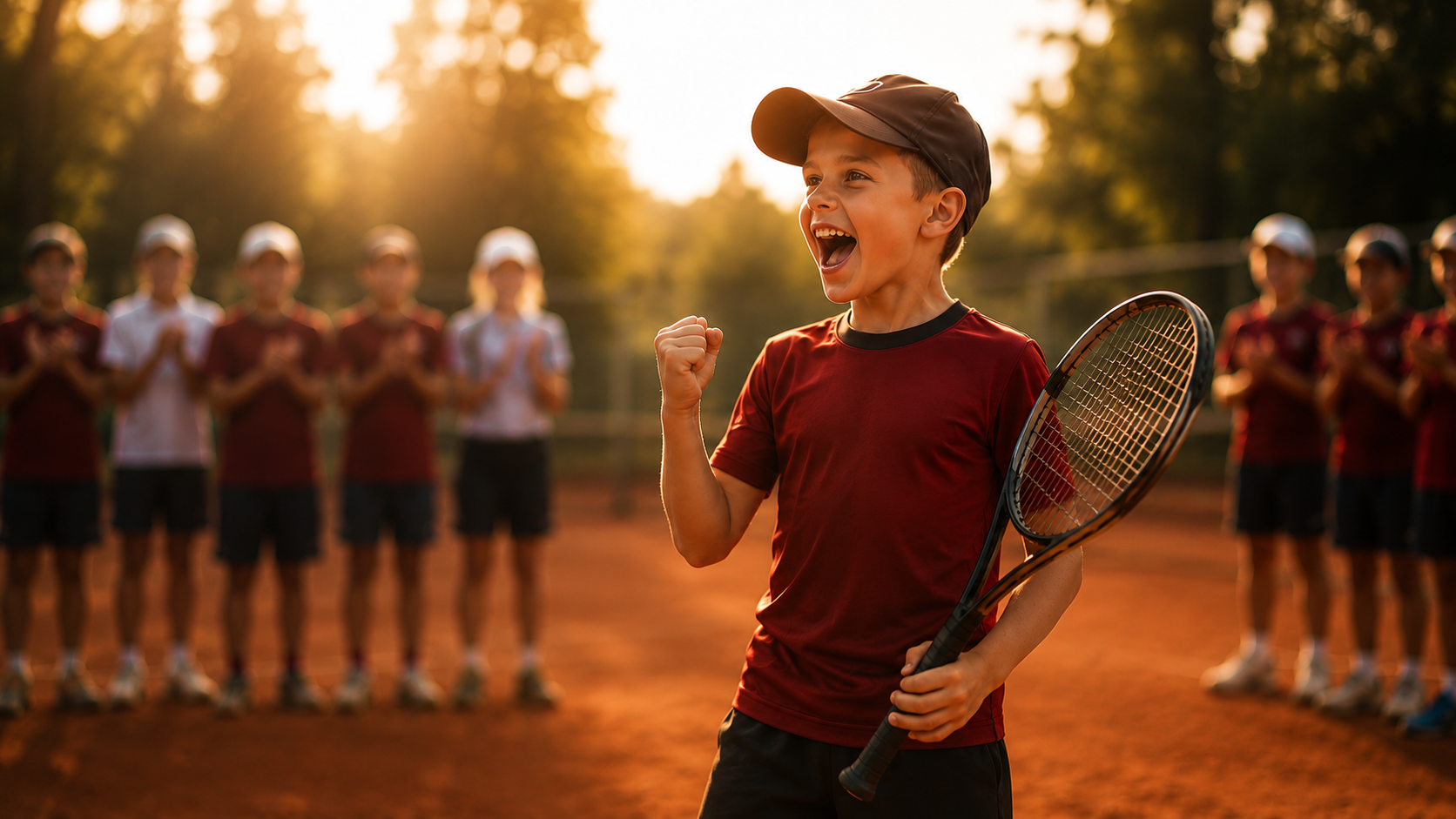Junger Tennisspieler jubelt mit seinem Team auf dem Sandplatz