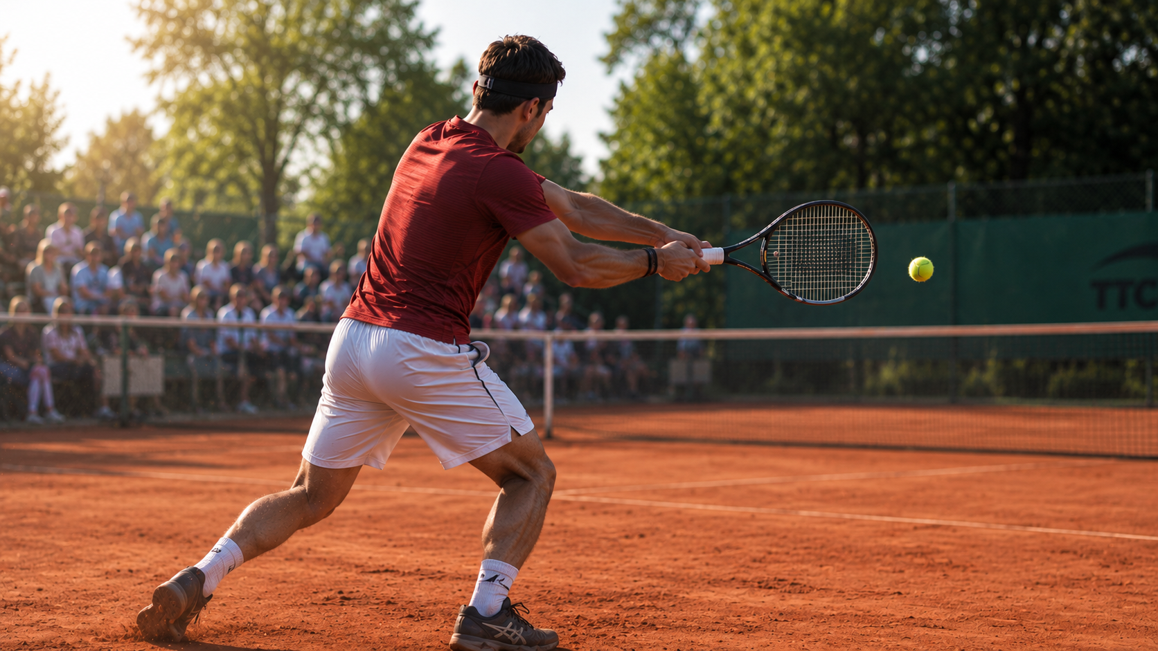 Tennisspieler beim Rückhandschlag auf einem Sandplatz