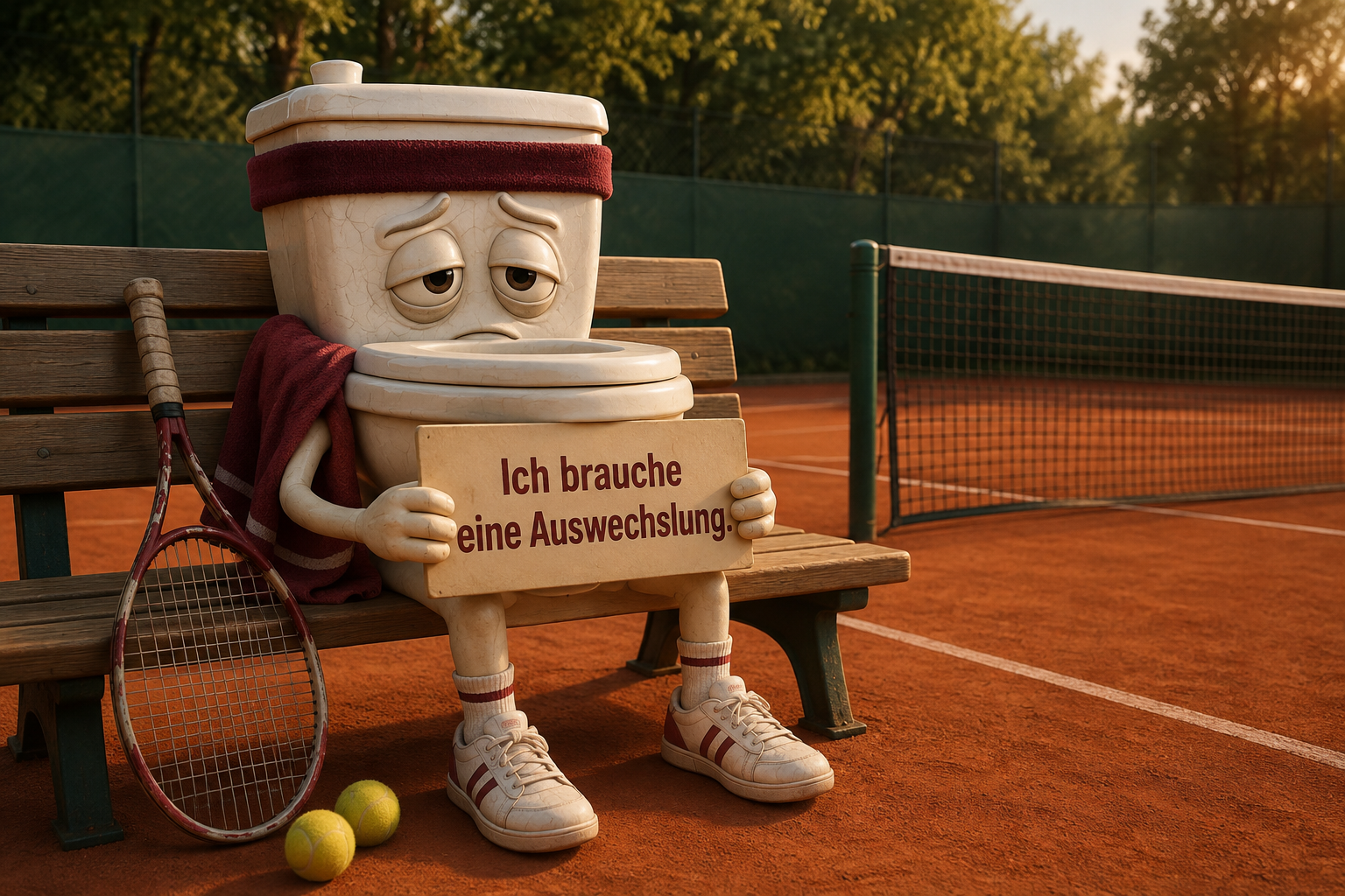 Eine erschöpfte WC-Schüssel mit Stirnband sitzt auf einer Tennisbank und hält das Schild: Ich brauche eine Auswechslung.